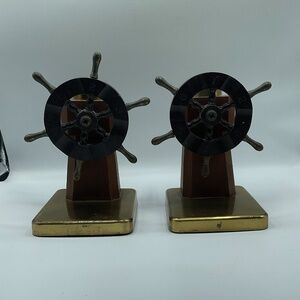 1930s Art Deco Chase USA Ships Wheel Bookends Nautical Coastal